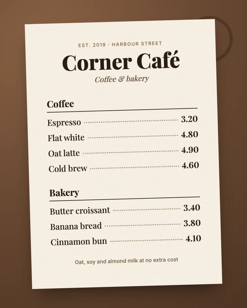 Printed café menu, After